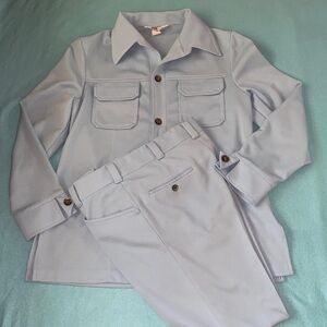 JCPenney 1970’s Flight 1 leisure suit jacket slacks polyester sky blue size 44R